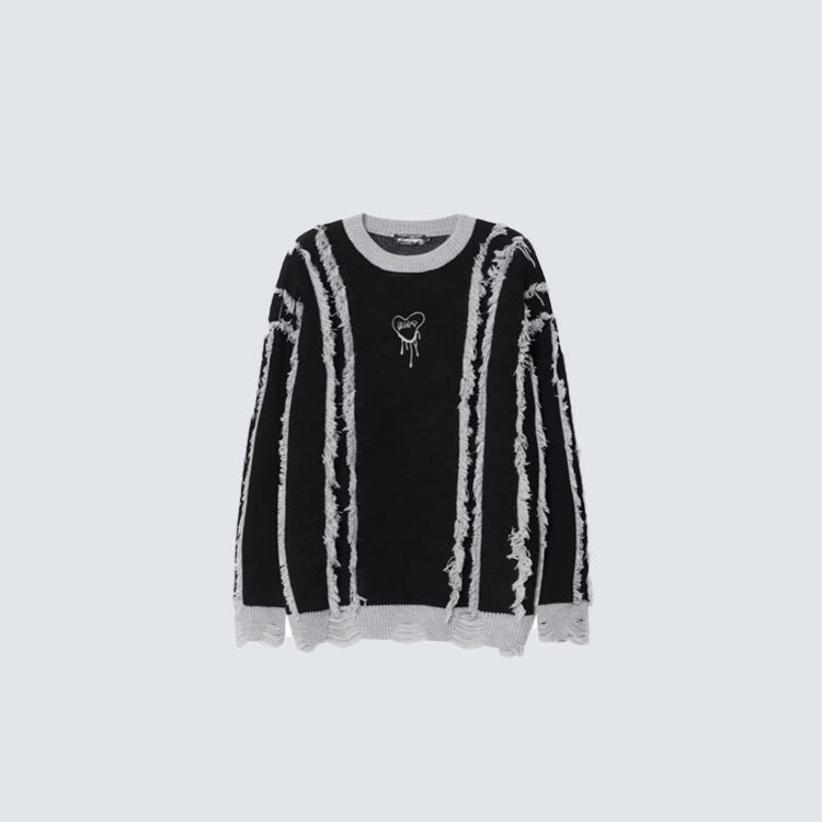 Frayed Stripe Heart Graphic Knit Sweater WN27969