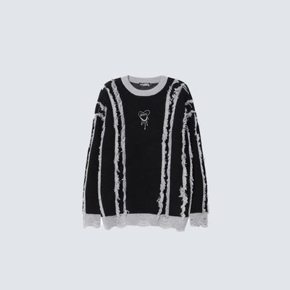 Frayed Stripe Heart Graphic Knit Sweater WN27969