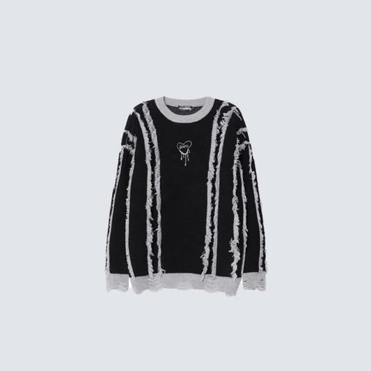 Frayed Stripe Heart Graphic Knit Sweater WN27969