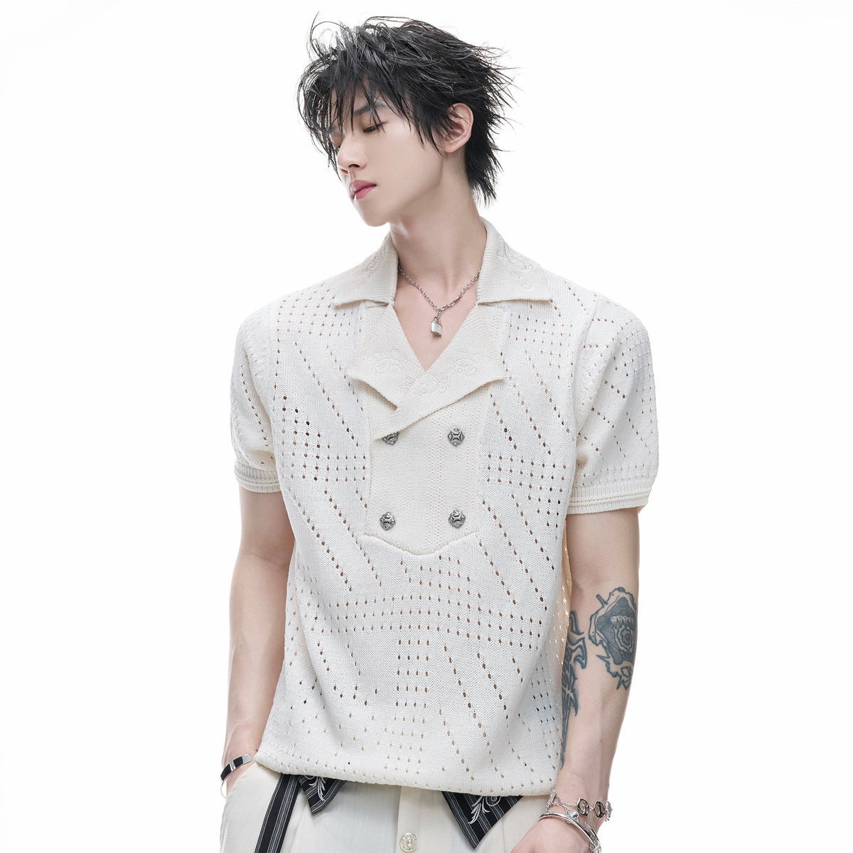 Openwork Embroidery Short Sleeve Summer Knit Shirt WN27017