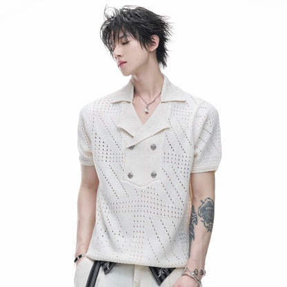 Openwork Embroidery Short Sleeve Summer Knit Shirt WN27017