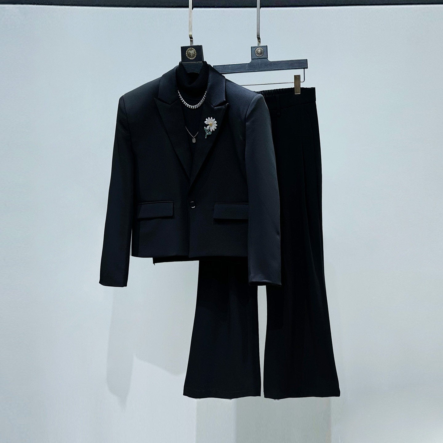 Shoulder-Pad Short Tailored Jacket & Flare Trousers Setup WN23896