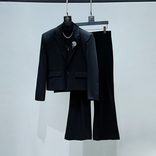 Shoulder-Pad Short Tailored Jacket & Flare Trousers Setup WN23896