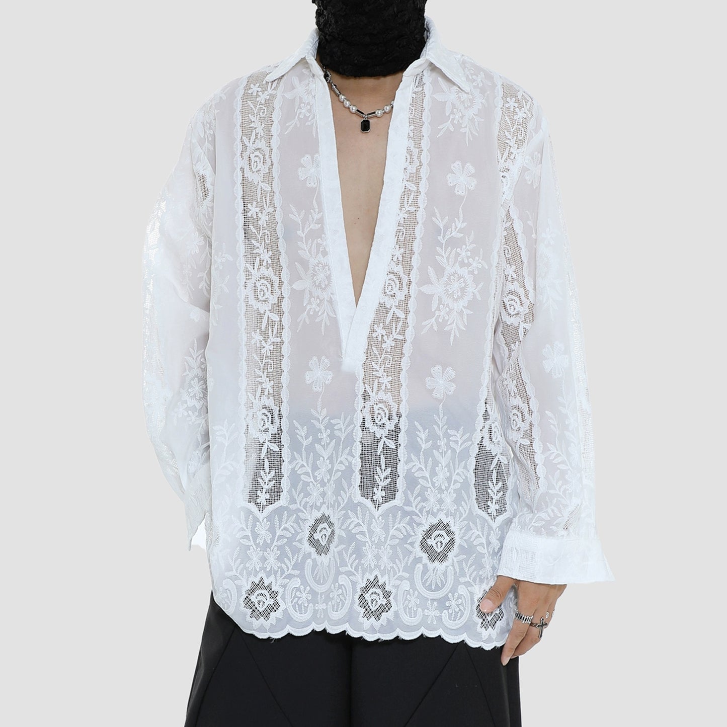 Sheer Floral Embroidery Long Sleeve Shirt WN20498