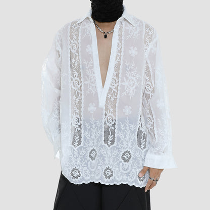 Sheer Floral Embroidery Long Sleeve Shirt WN20498