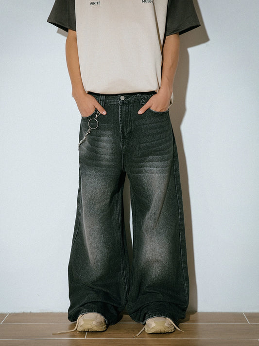 Washed Wide Leg Straight Denim Jeans WN9575