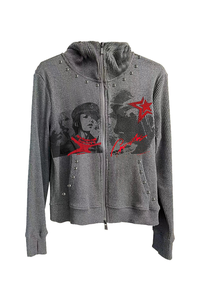 Studs Design Graphic Letter Zipper Hoodie WN20921