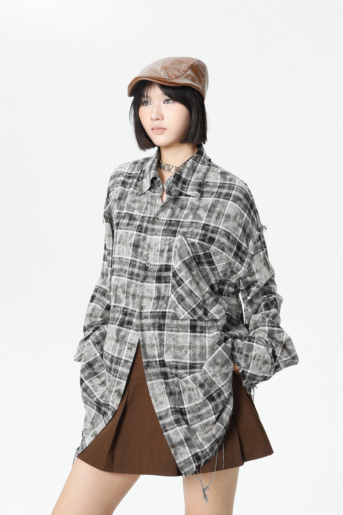 Plaid Washed Fringe Long Sleeve Shirt WN25379