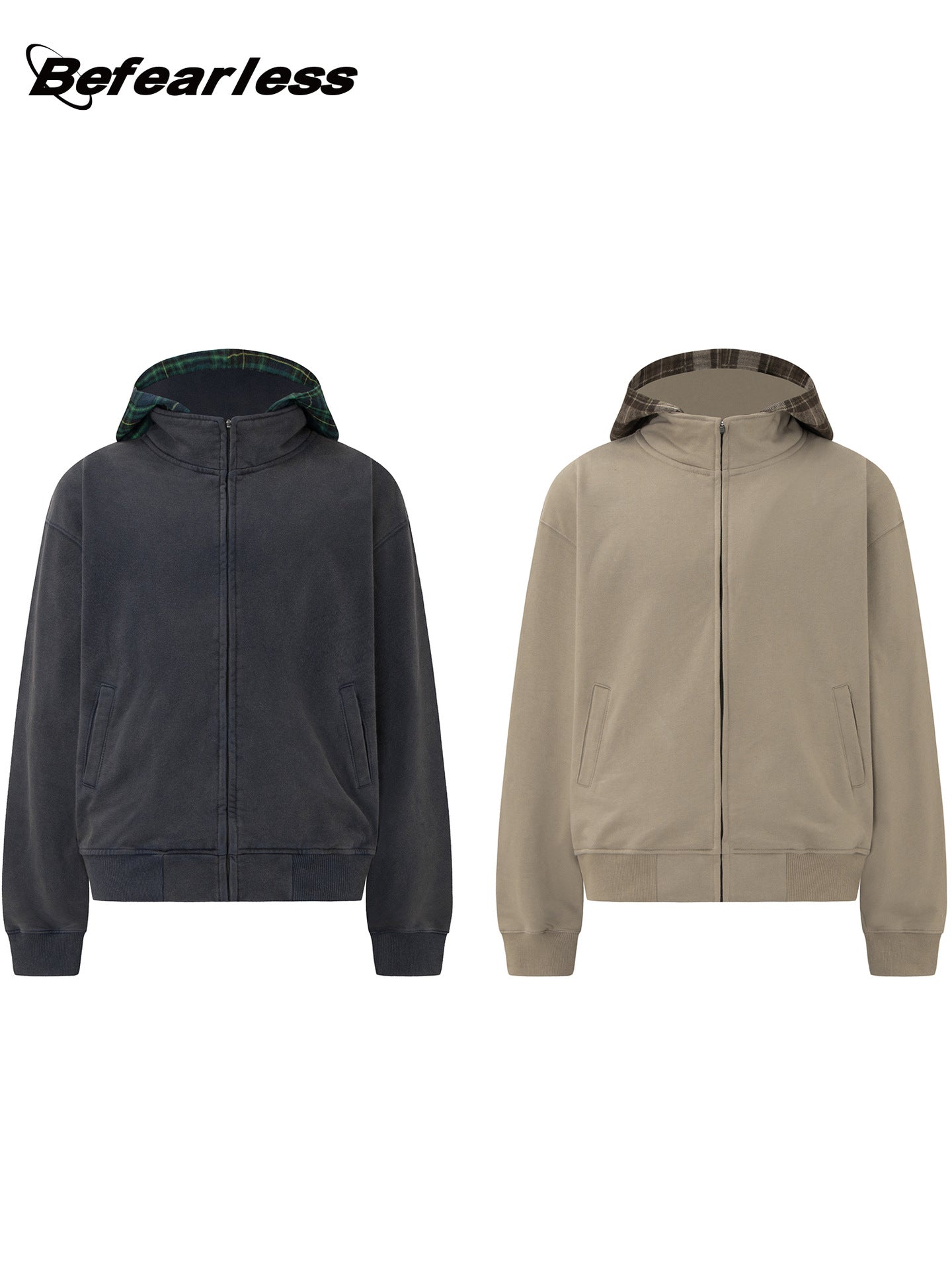 Heavyweight Washed Fake Layered Plaid Zipper Hoodie WN26175