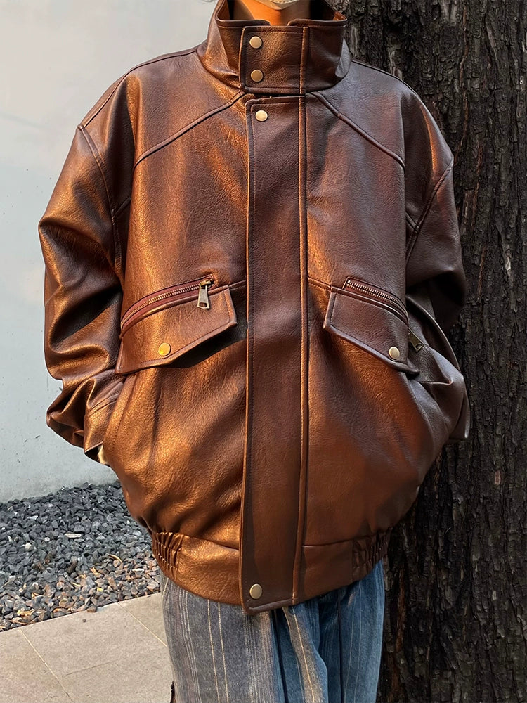 Stand Neck Oversize Windproof PU Leather Jacket WN19987
