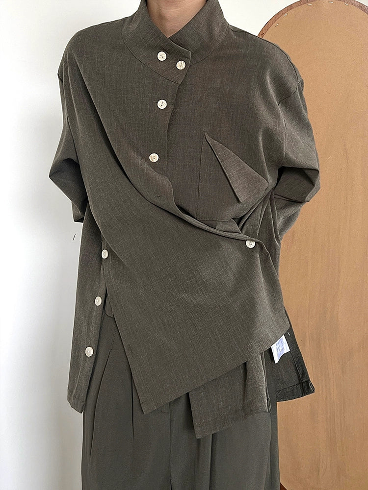 Standing-Collar Side Button Long Sleeve Shirt WN19953