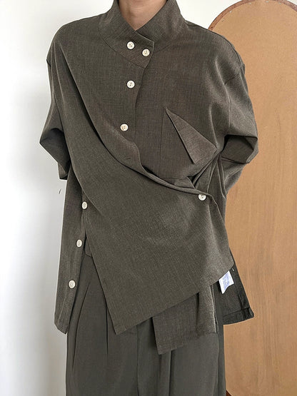 Standing-Collar Side Button Long Sleeve Shirt WN19953