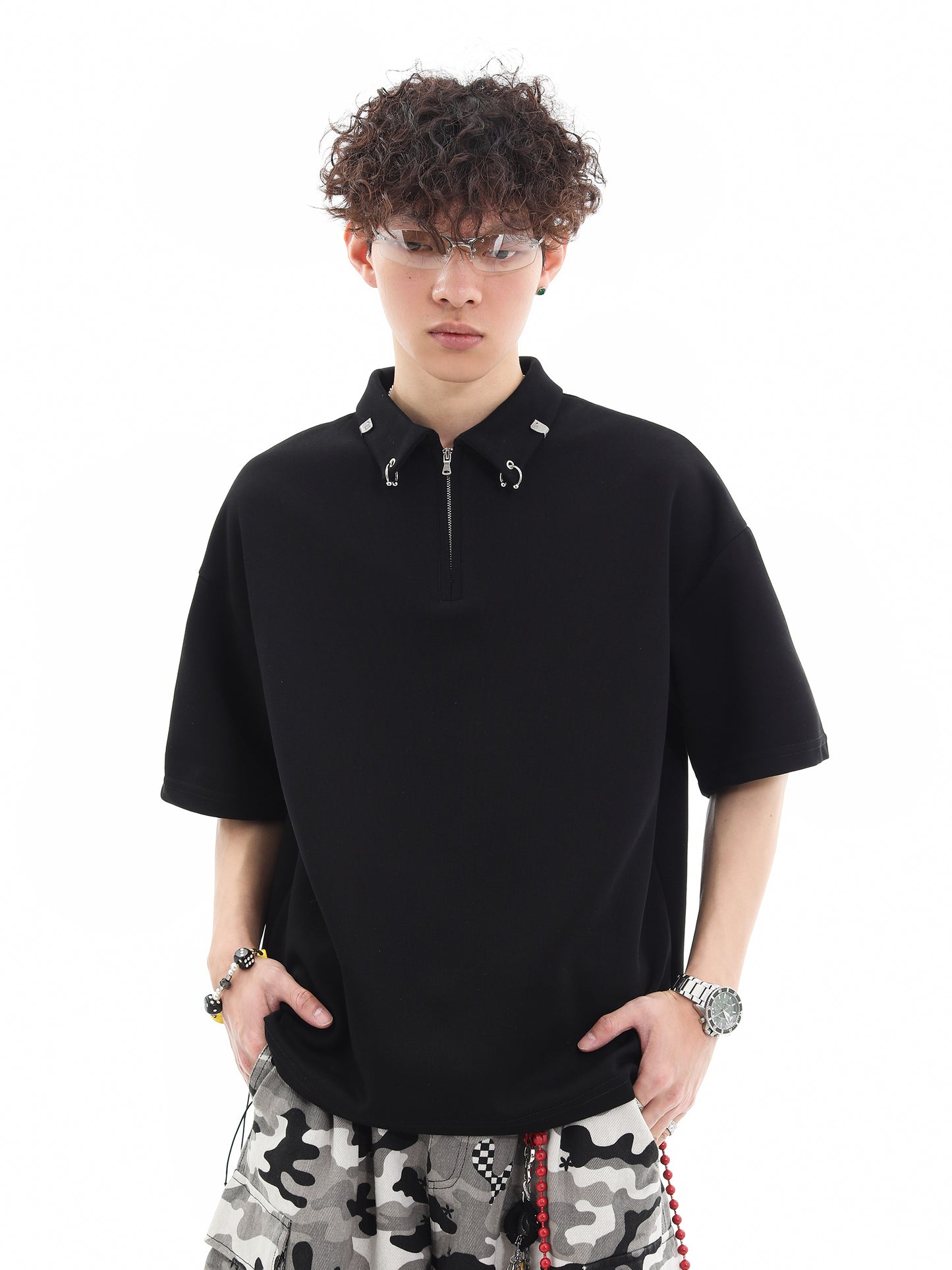 Half Zipper Metal Button Oversize Short Sleeve T-Shirt WN15666
