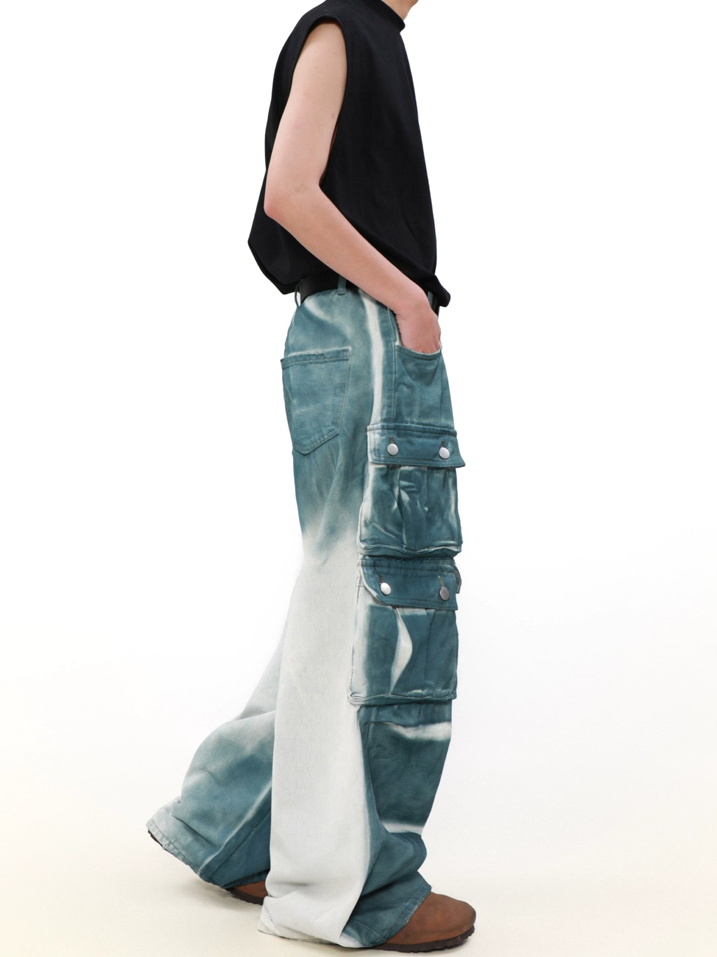 Washed Tie Dye Multi Pocket Wide Leg Denim Jeans WN8306