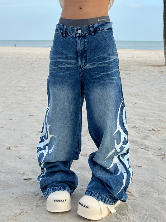 Flame Print Washed Wide Leg Denim Jeans WN24041