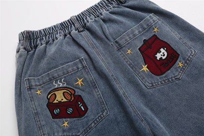 Cartoon Embroidery Wide Leg Denim Jeans WN26946