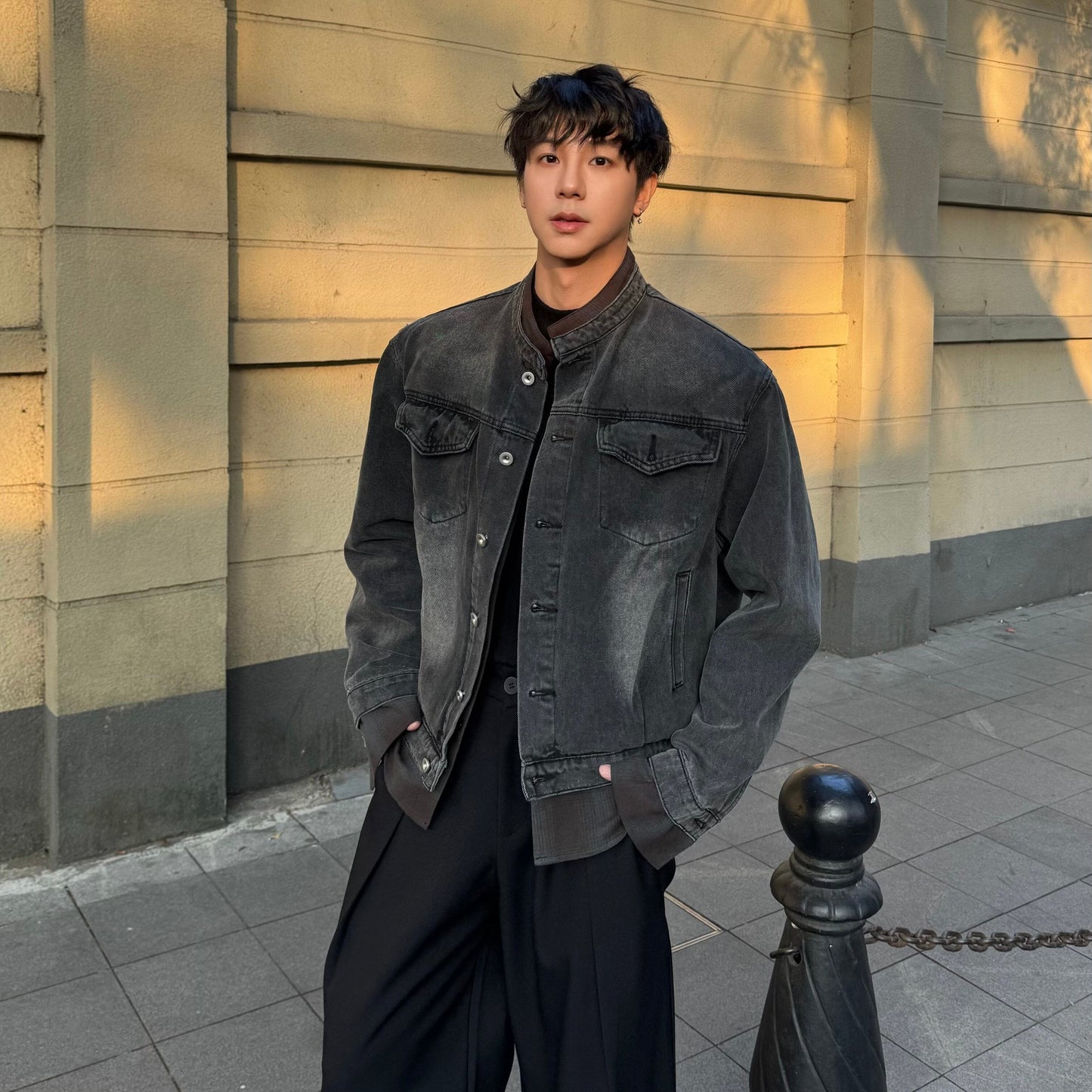 Fake Layered Stand Neck Gradient Wash Denim Jacket & Damage Wide Leg Denim Jeans Setup WN25231