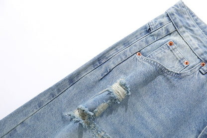 Wash Damage Straight Wide Leg Denim Jeans WN25646