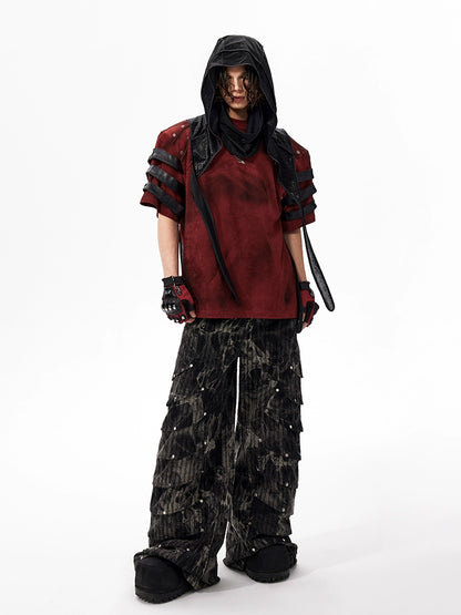 PU Leather Patchwork Dirty Wash Studded Short Sleeve T-Shirt WN18316