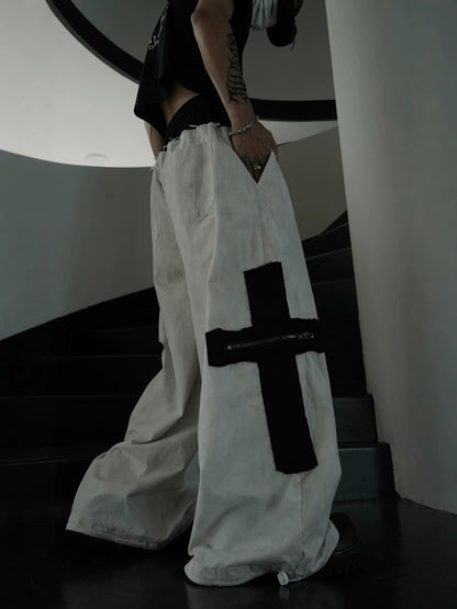 Deconstructed Curved Frayed Drawstring Wide Leg Cargo Pants WN27850