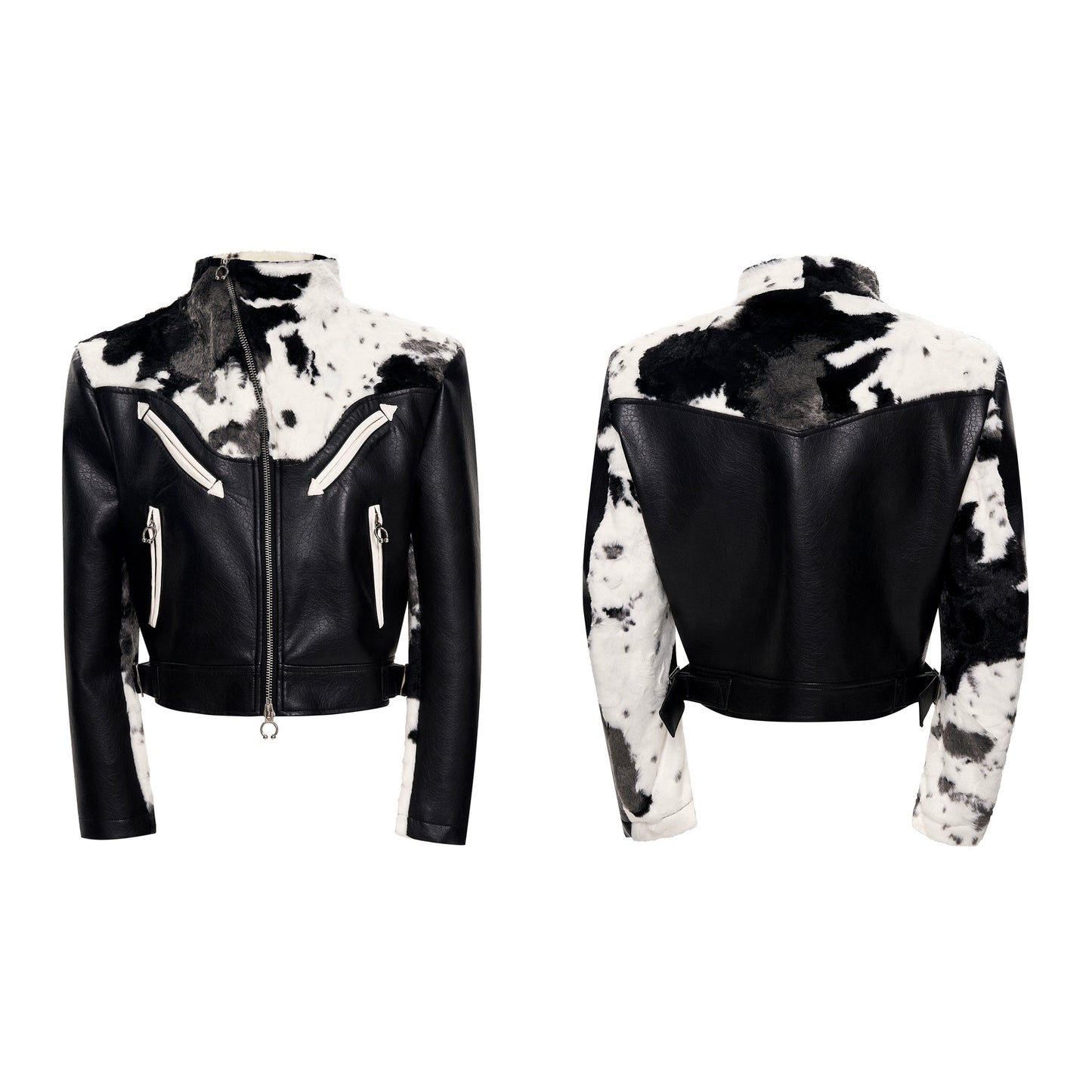 Cow Print Fake Fur Mix PU Leather Jacket WN21790