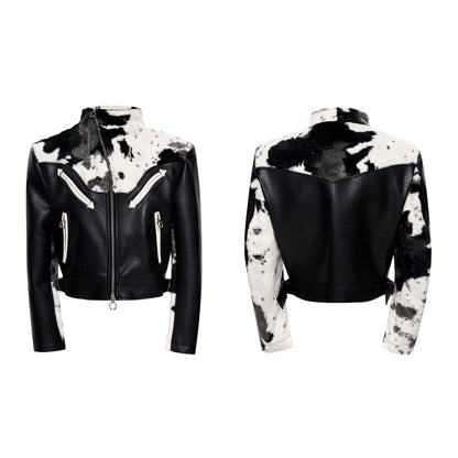 Cow Print Fake Fur Mix PU Leather Jacket WN21790