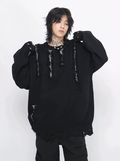 Round Neck Oversize Damage Knit Sweater WN8359