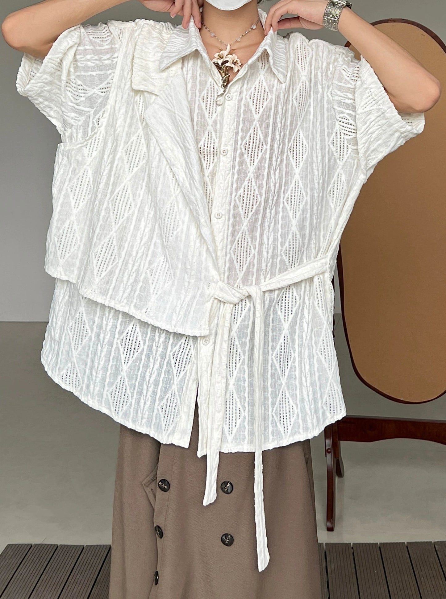 Jacquard Hollow Patchwork Texture Short Sleeve Shirt WN20008