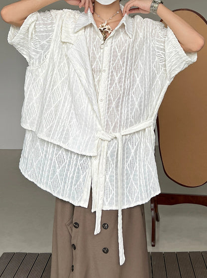 Jacquard Hollow Patchwork Texture Short Sleeve Shirt WN20008