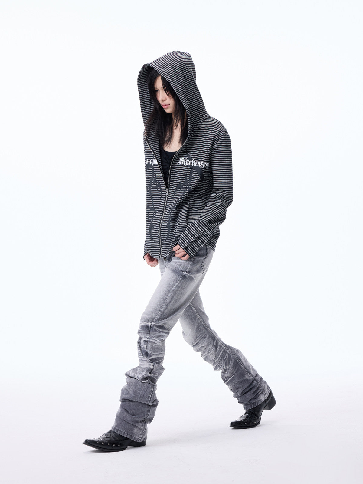 Striped Print Cropped Zipper Hoodie WN27274