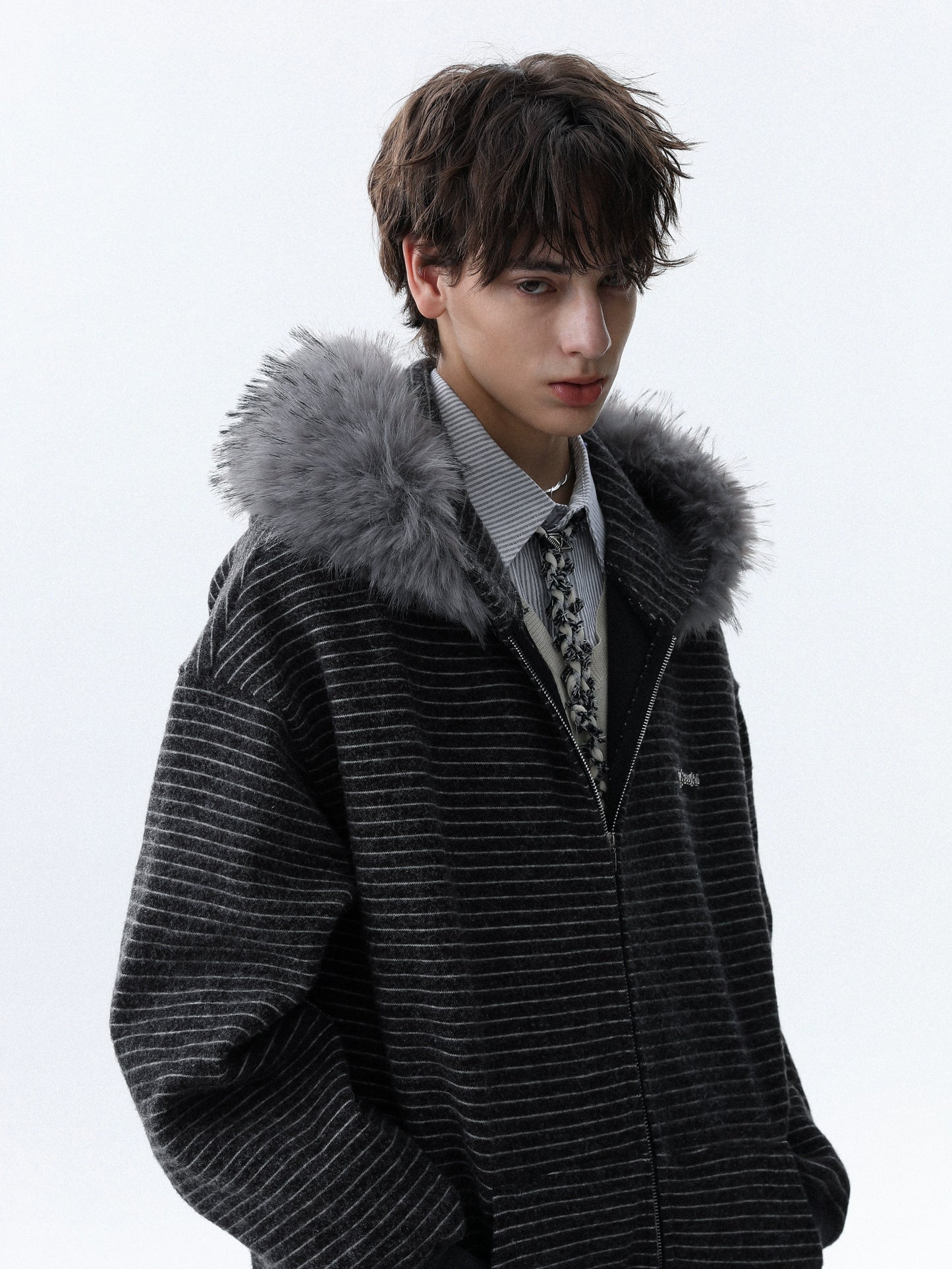 Detachable Fake Fur-Collar Zipper Hooded Jacket WN22120