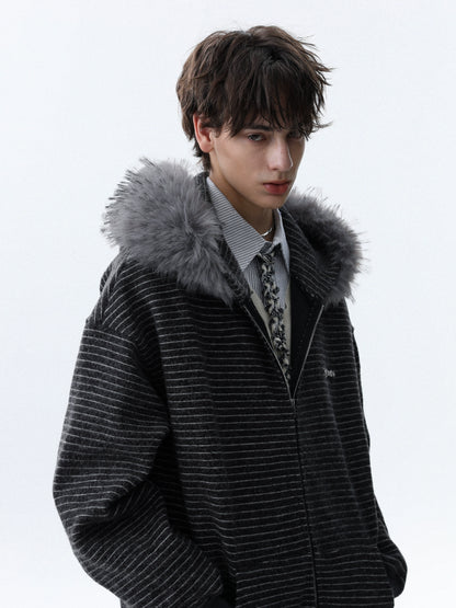 Detachable Fake Fur-Collar Zipper Hooded Jacket WN22120