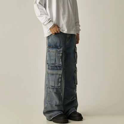 Washed Multi Pocket Straight Cargo Denim Jeans WN8978