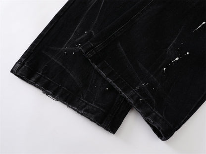 Whisker Paint Straight Denim Jeans WN26759
