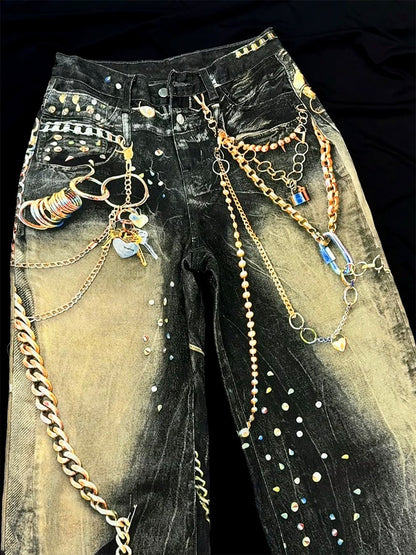 Chain Paint  3D Print Washed Wide Leg Denim Jeans WN25475