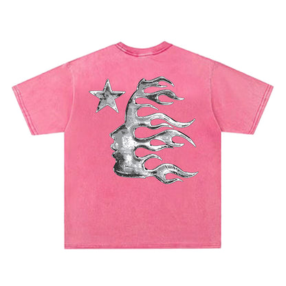 Washed Metal Letter Star Print Short Sleeve T-Shirt WN26912