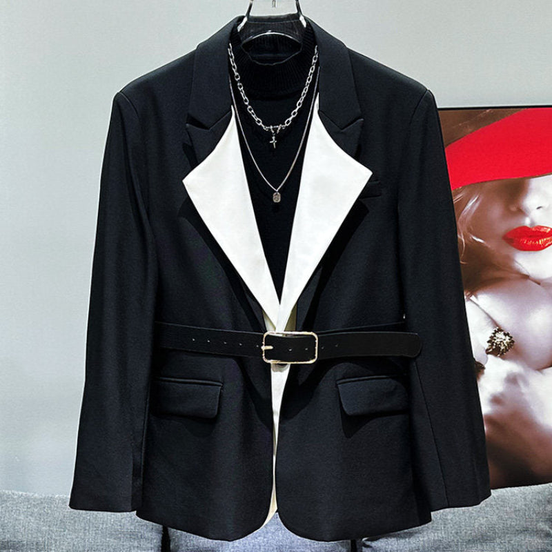 Patchwork Color Block Fake Layered Tailored Jacket & Straight Trousers Setup WN23926