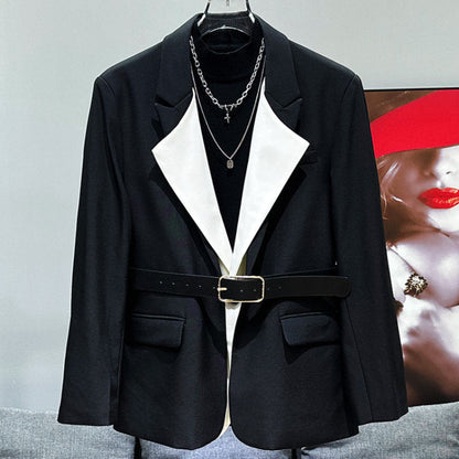 Patchwork Color Block Fake Layered Tailored Jacket & Straight Trousers Setup WN23926