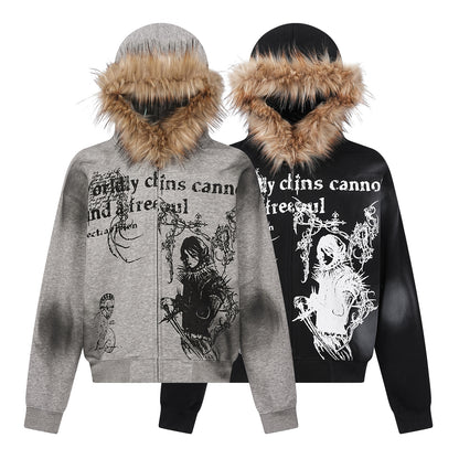 Fake Fur Collar Print Zipper Hoodie WN10999