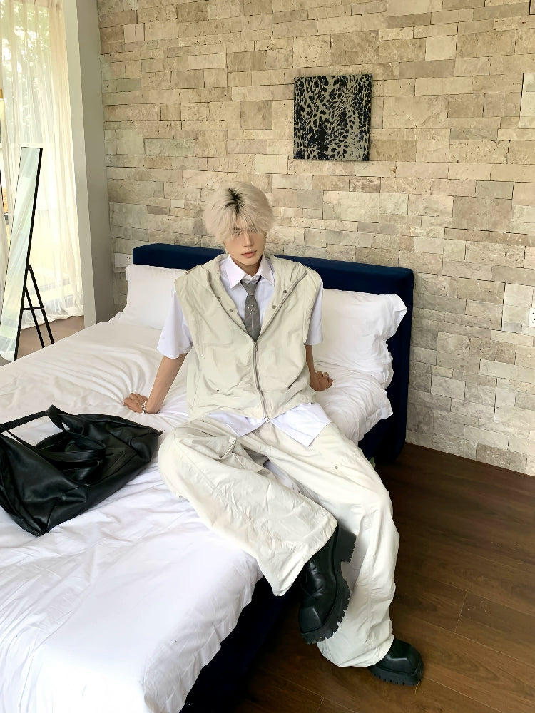 Hooded Sleeveless Vest Jacket & Cargo Pants Setup WN19785