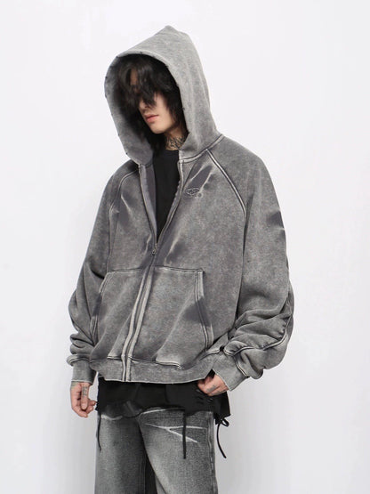 Washed Wrinkle Sleeve Fleece Linning Zipper Hoodie WN10955