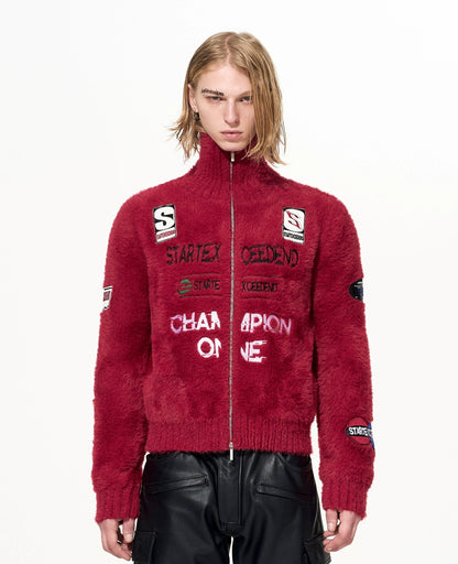 Letter Embroidery Print High-Neck Zipper Knit Cardigan WN22649