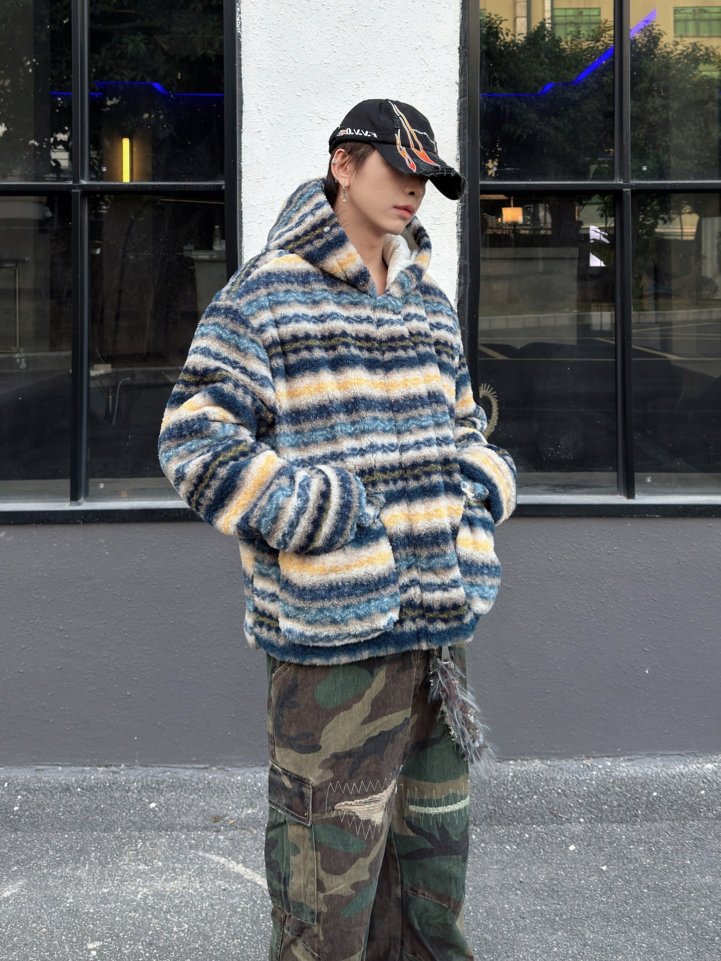 Fair Isle Fake Lamb Fleece Hooded Padded Jacket WN23006