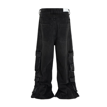 Washed Wide Leg Straight Cargo Denim Jeans WN11343