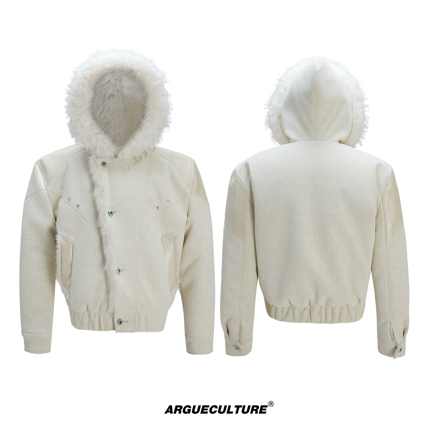 Fake Fur Collar Colorblock PU Leather Hooded Puffer Jacket WN22601