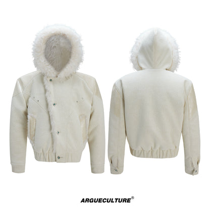 Fake Fur Collar Colorblock PU Leather Hooded Puffer Jacket WN22601