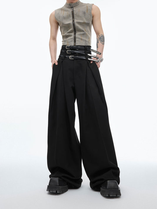 Pleats Waist Belt Design Wide Leg Trousers with Belts WN6471