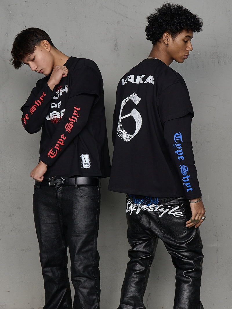 Fake Layered Embroidery Label Long Sleeve T-Shirt WN21008