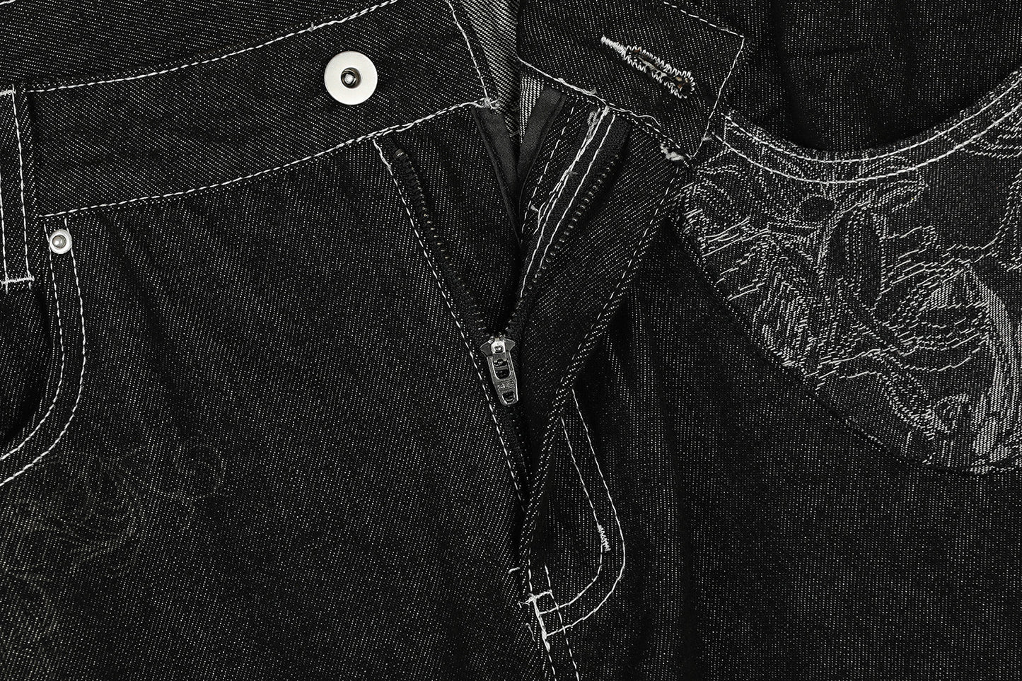 Contrast Stitch Bandana Patch Wide Leg Denim Jeans WN25979