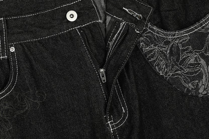 Contrast Stitch Bandana Patch Wide Leg Denim Jeans WN25979